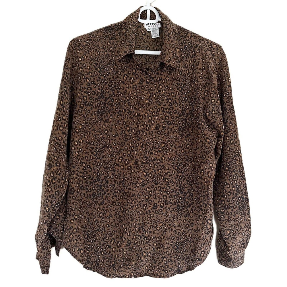 Allison Taylor 100 % Silk Leopard Brown Blouse Size S